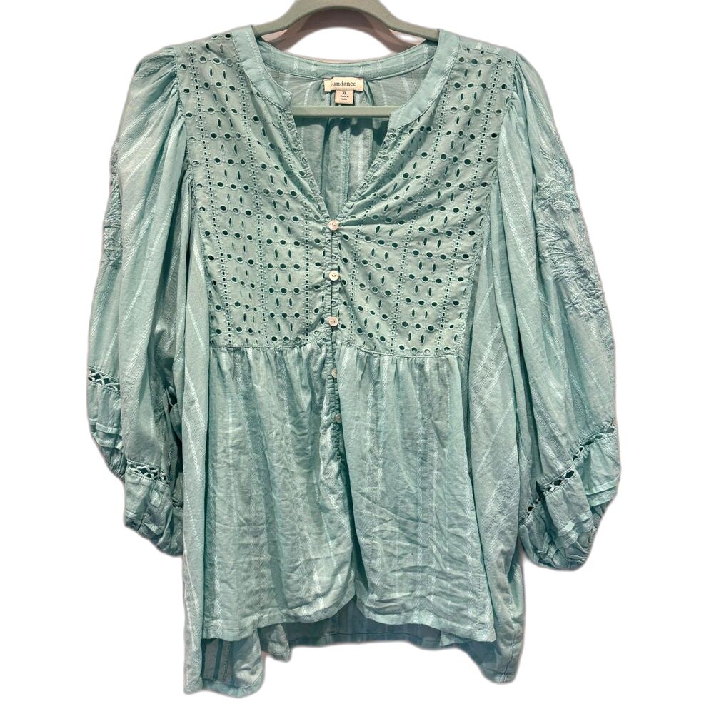 Sundance Top Button Up Floral Embroidered Boho Blue Balloon Shirt Women sz XL